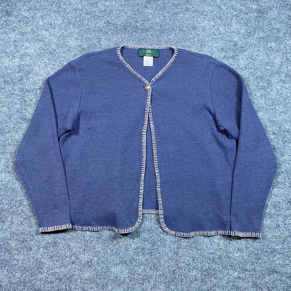 Orvis Womens Blue Waffle Knit Blanket Stitch Button Cardigan Sweater Size M USA